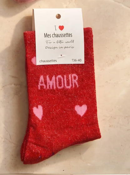 'Amour' Metallic Red & Pale Pink Heart Socks