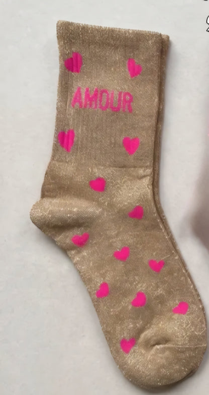 'Amour' Metallic Gold & Nein Pink Heart Socks