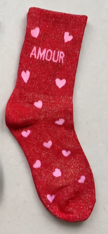 'Amour' Metallic Red & Pale Pink Heart Socks