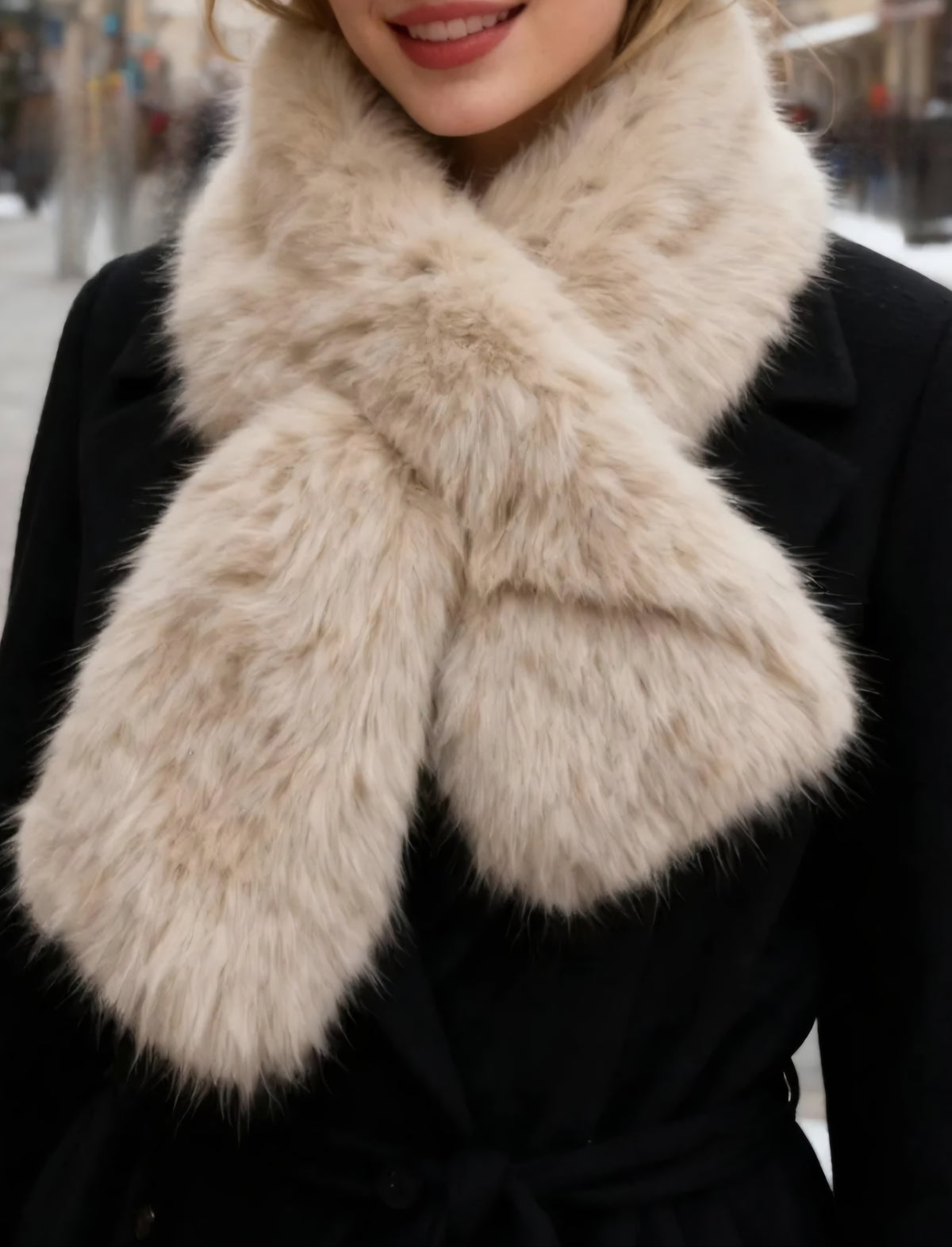 Luxe Faux Fur Crossover Scarf in Beige