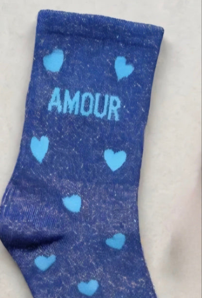 'Amour' Metallic Blue & Light Blue Heart Socks