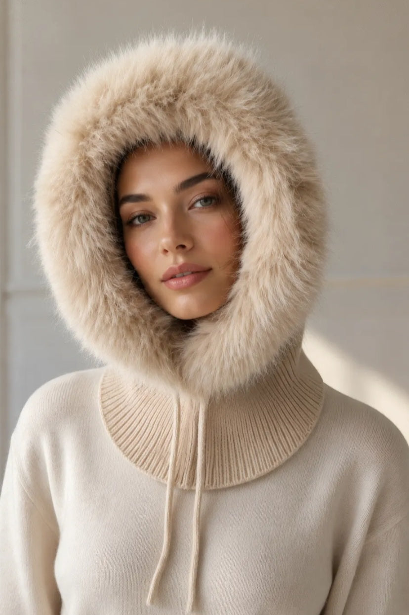 Faux Fur Trim Knitted Hooded Snood