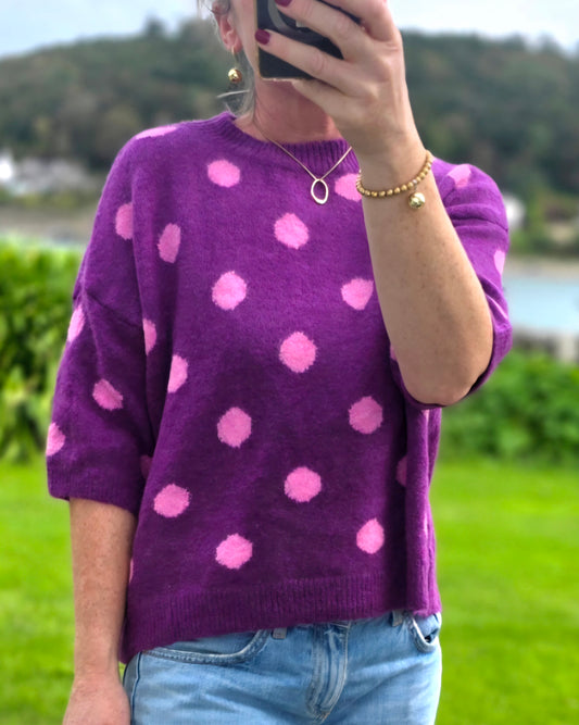 Polka Dot Short Sleeve Sweater in Purple & Pink