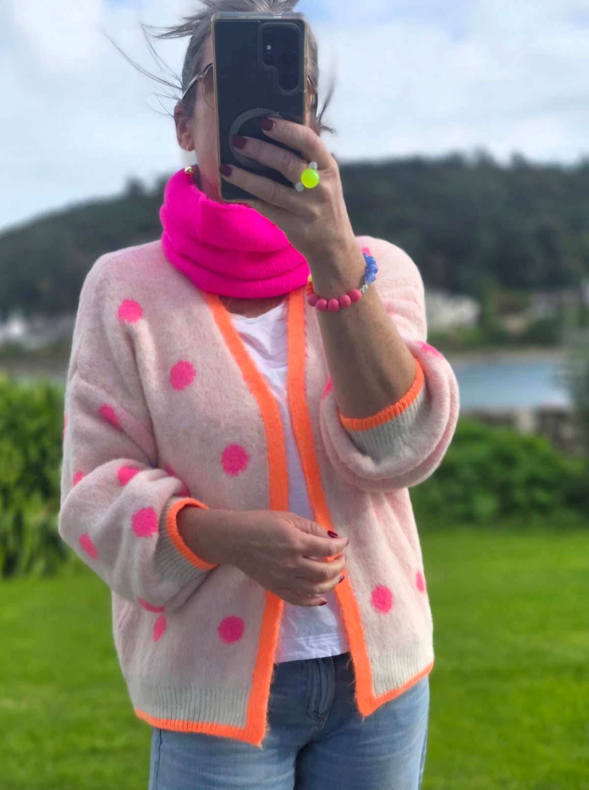 Light Beige & Neon Pink Polka Dot Open Cardigan with Neon Orange Trim