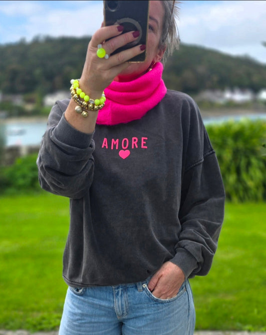 Vintage Wash Amore Sweatshirt in Charcoal Grey & Neon Pink