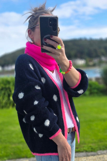 Navy & White Polka Dot Open Cardigan with Neon Pink Trim