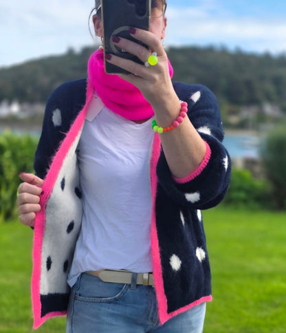 Navy & White Polka Dot Open Cardigan with Neon Pink Trim