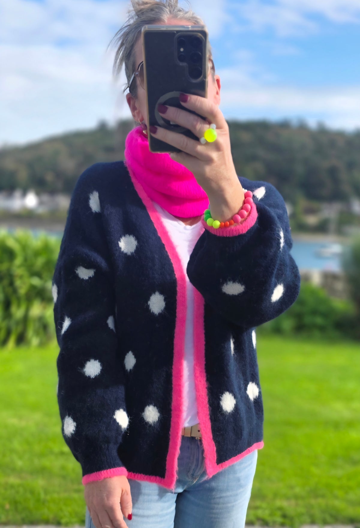 Navy & White Polka Dot Open Cardigan with Neon Pink Trim