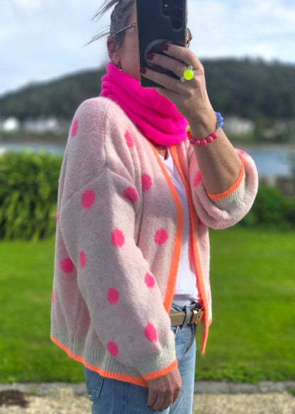 Light Beige & Neon Pink Polka Dot Open Cardigan with Neon Orange Trim