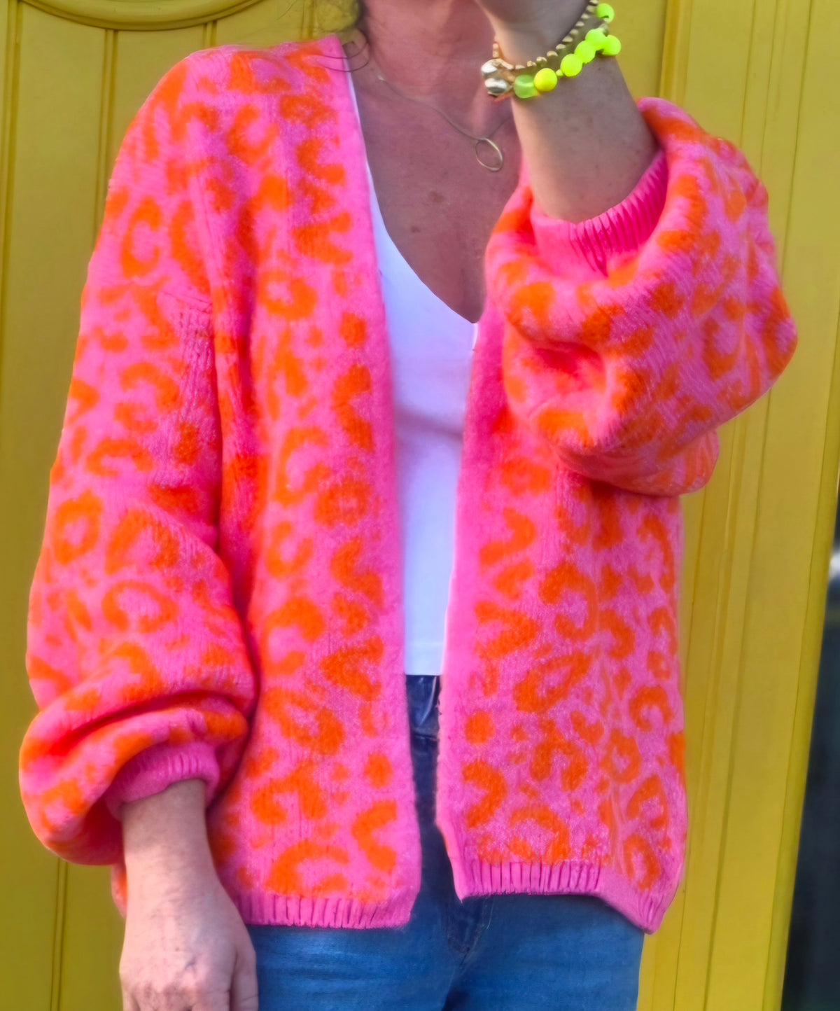 Pink & Orange Animal Print Open, Wool Blend Cardigan