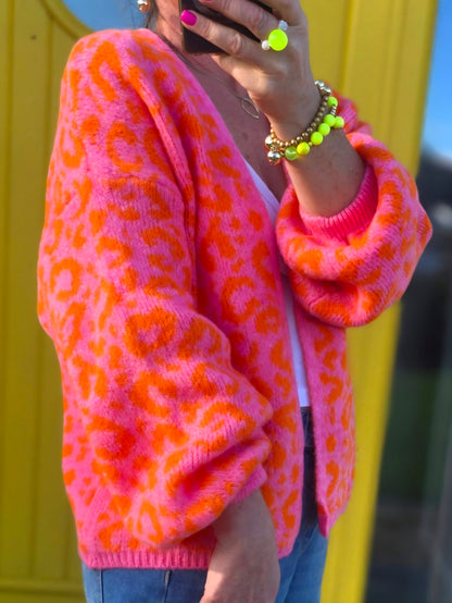 Pink & Orange Animal Print Open, Wool Blend Cardigan