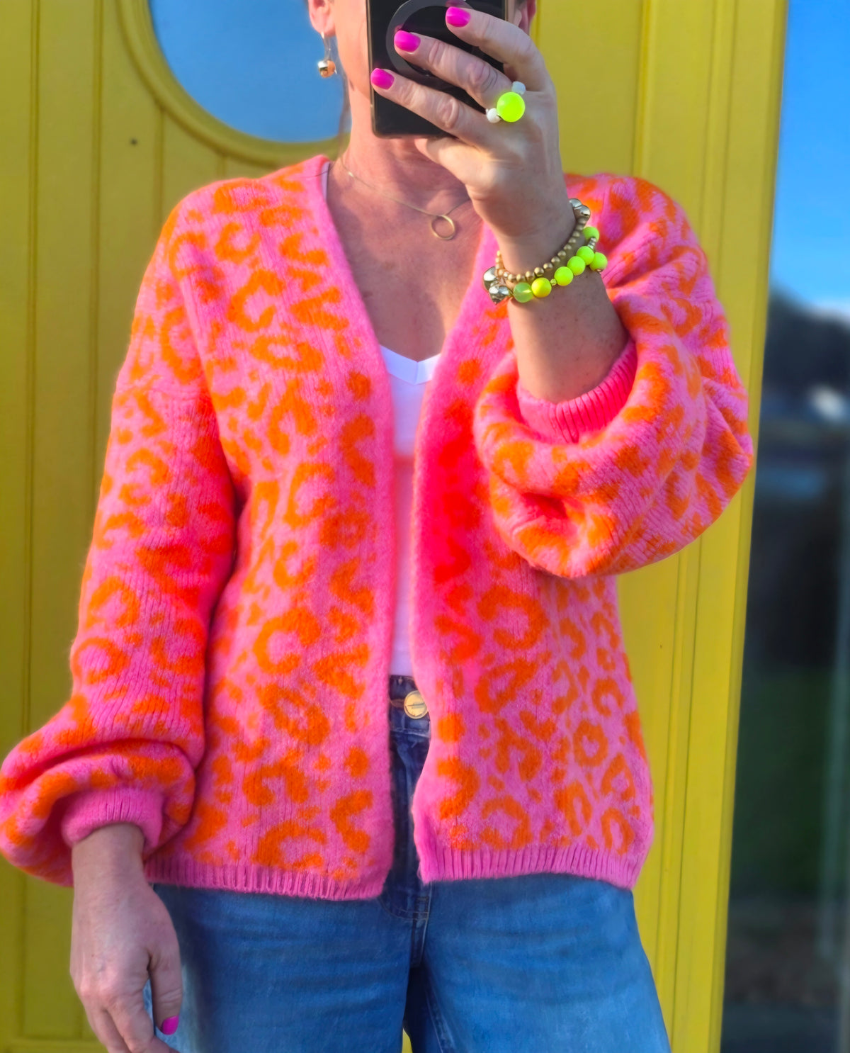 Pink & Orange Animal Print Open, Wool Blend Cardigan
