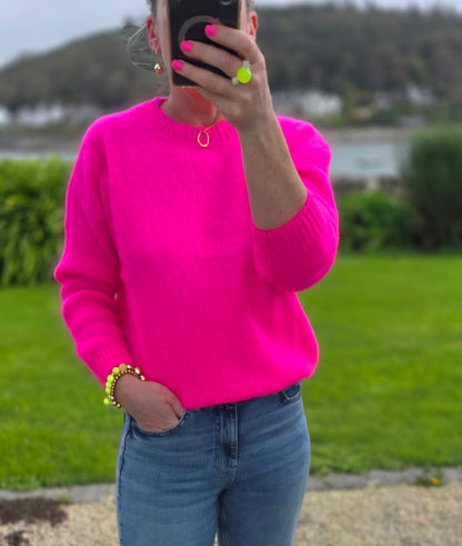 Neon Pink Mohair & Wool Blend Crew Jumper| Made in Italy