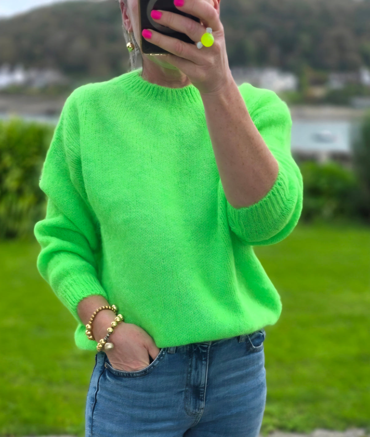 Neon Green Mohair & Wool Blend Knit Crew Jumper| Made in Italy