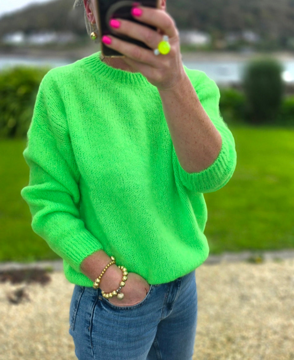 Neon Green Mohair & Wool Blend Knit Crew Jumper| Made in Italy