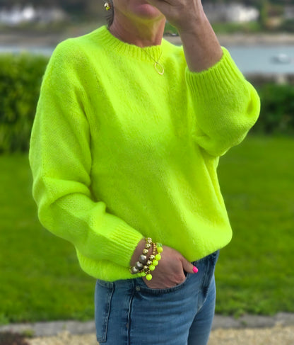 Neon Yellow Mohair & Wool Blend Crew Jumper| Made in Italy