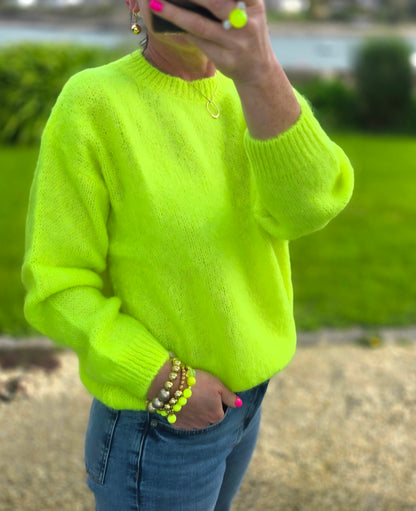 Neon Yellow Mohair & Wool Blend Crew Jumper| Made in Italy