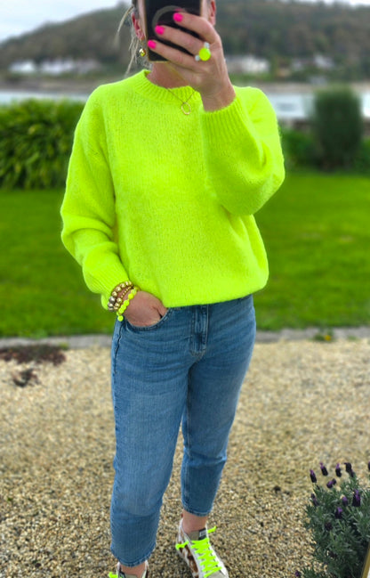Neon Yellow Mohair & Wool Blend Crew Jumper| Made in Italy
