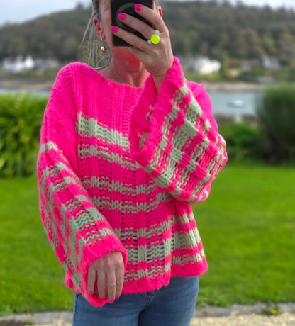 Neon Pink & Mint Striped Chunky Knit Jumper