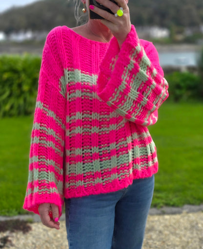 Neon Pink & Mint Striped Chunky Knit Jumper