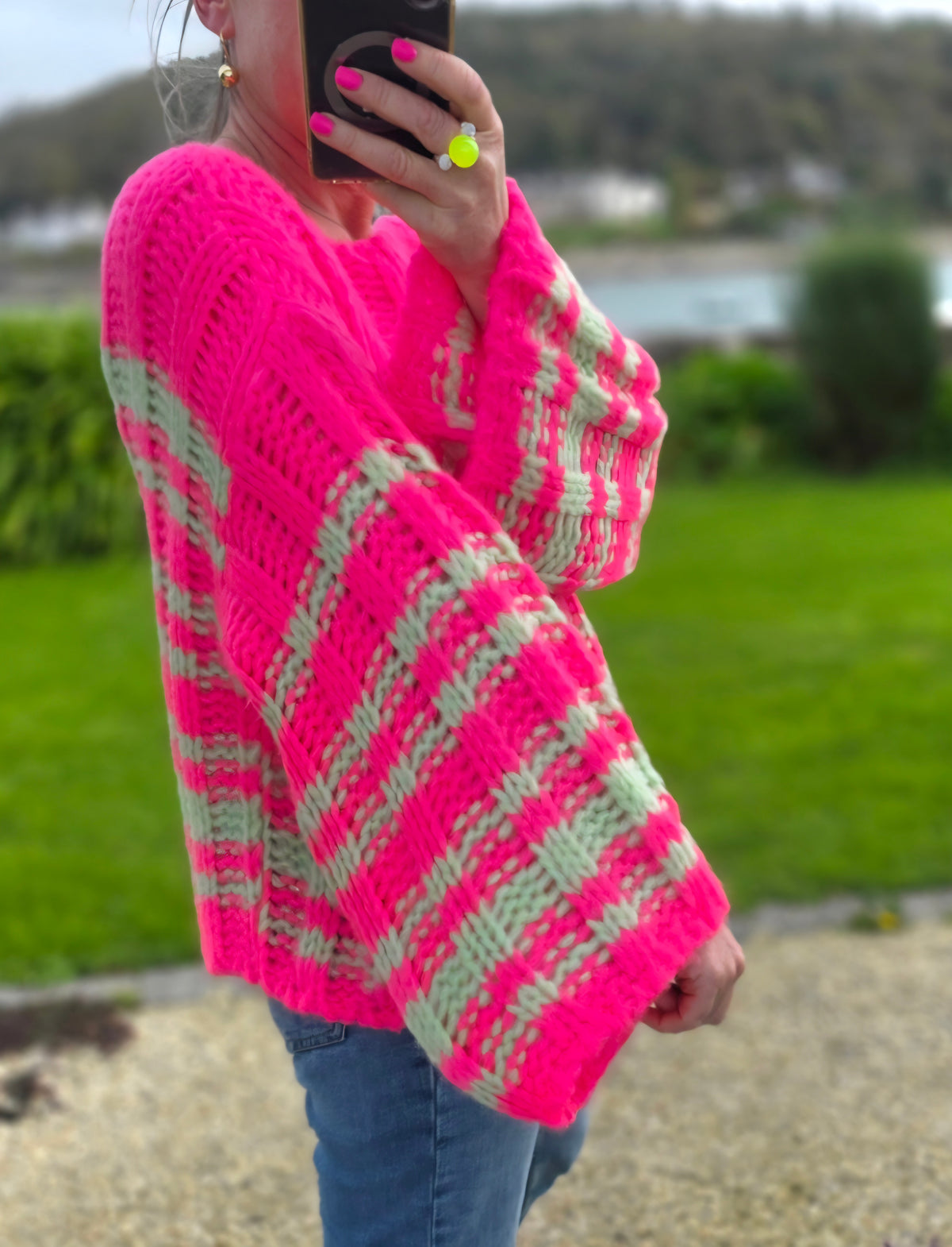 Neon Pink & Mint Striped Chunky Knit Jumper