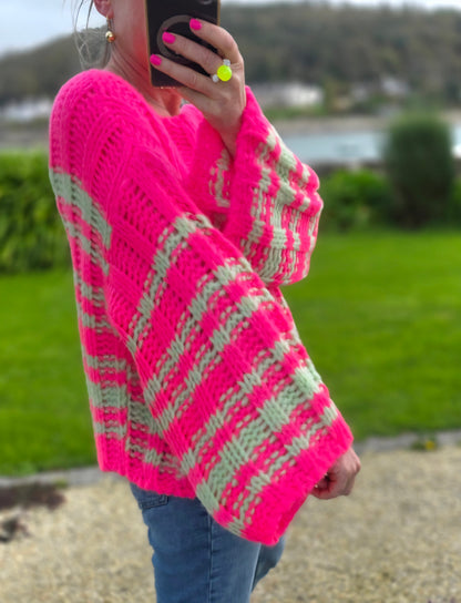 Neon Pink & Mint Striped Chunky Knit Jumper