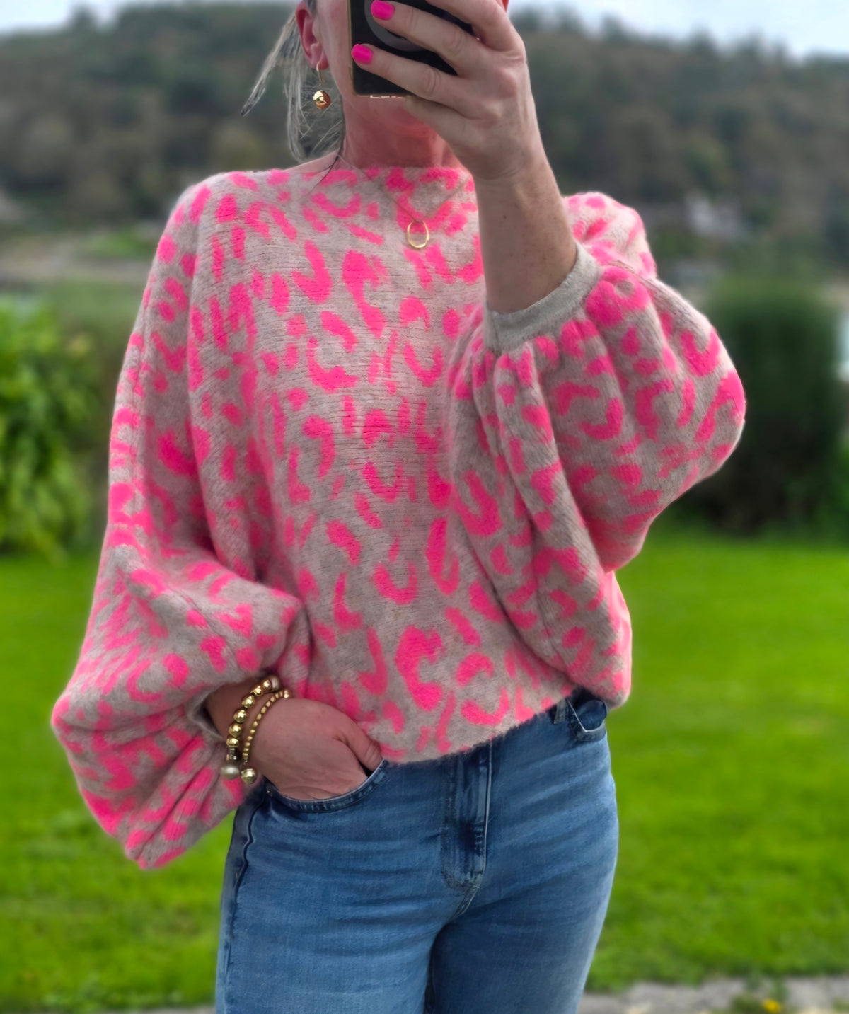Neon Pink Leopard Print Balloon Sleeve Jumper| Made in Italy
