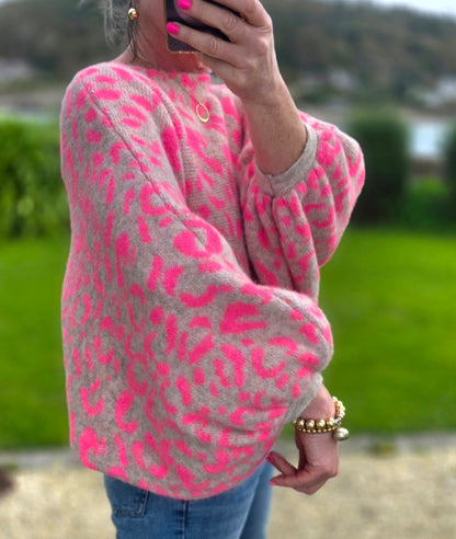 Neon Pink Leopard Print Balloon Sleeve Jumper| Made in Italy