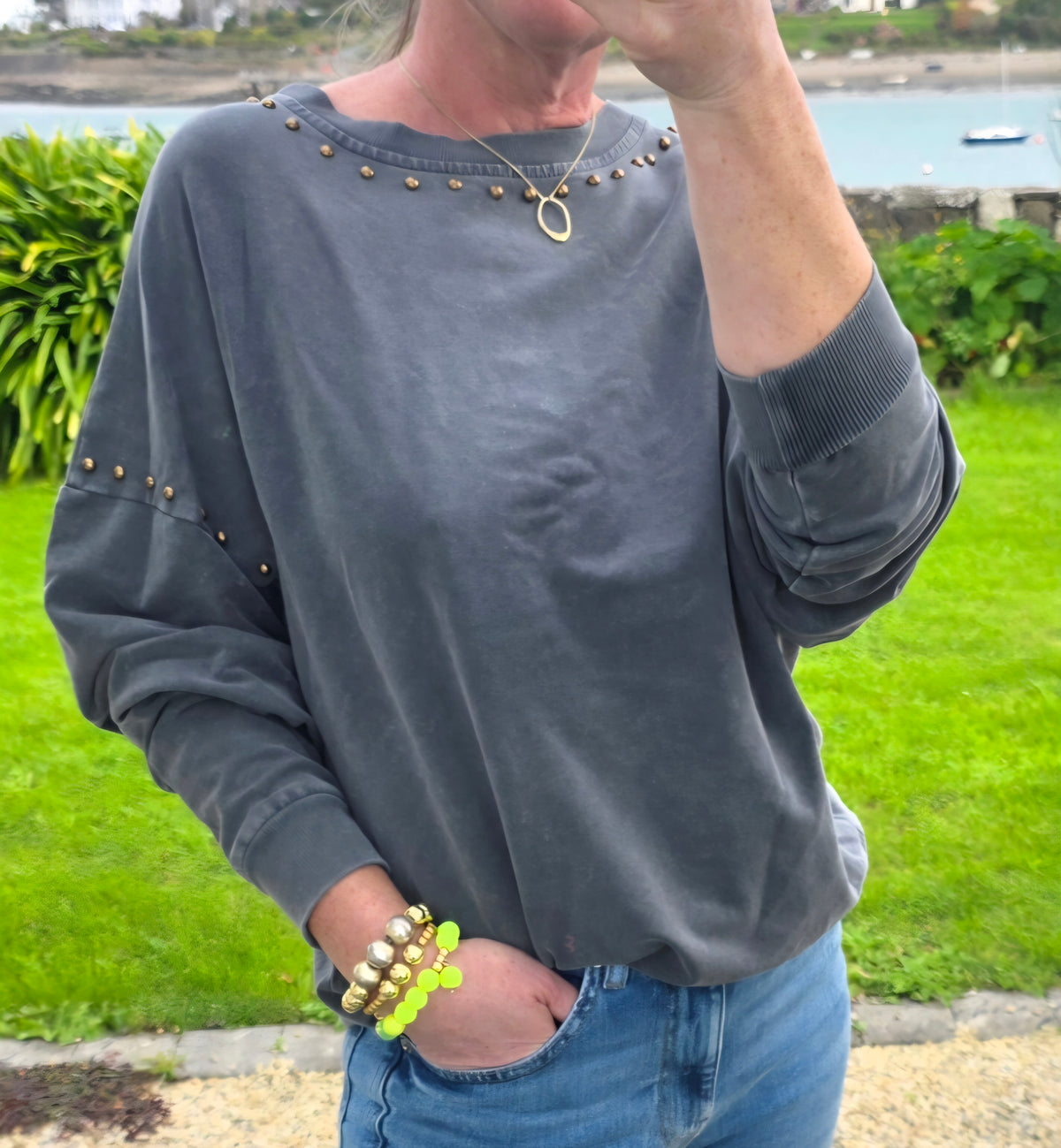 Charcoal Grey Embellished Stud Sweatshirt