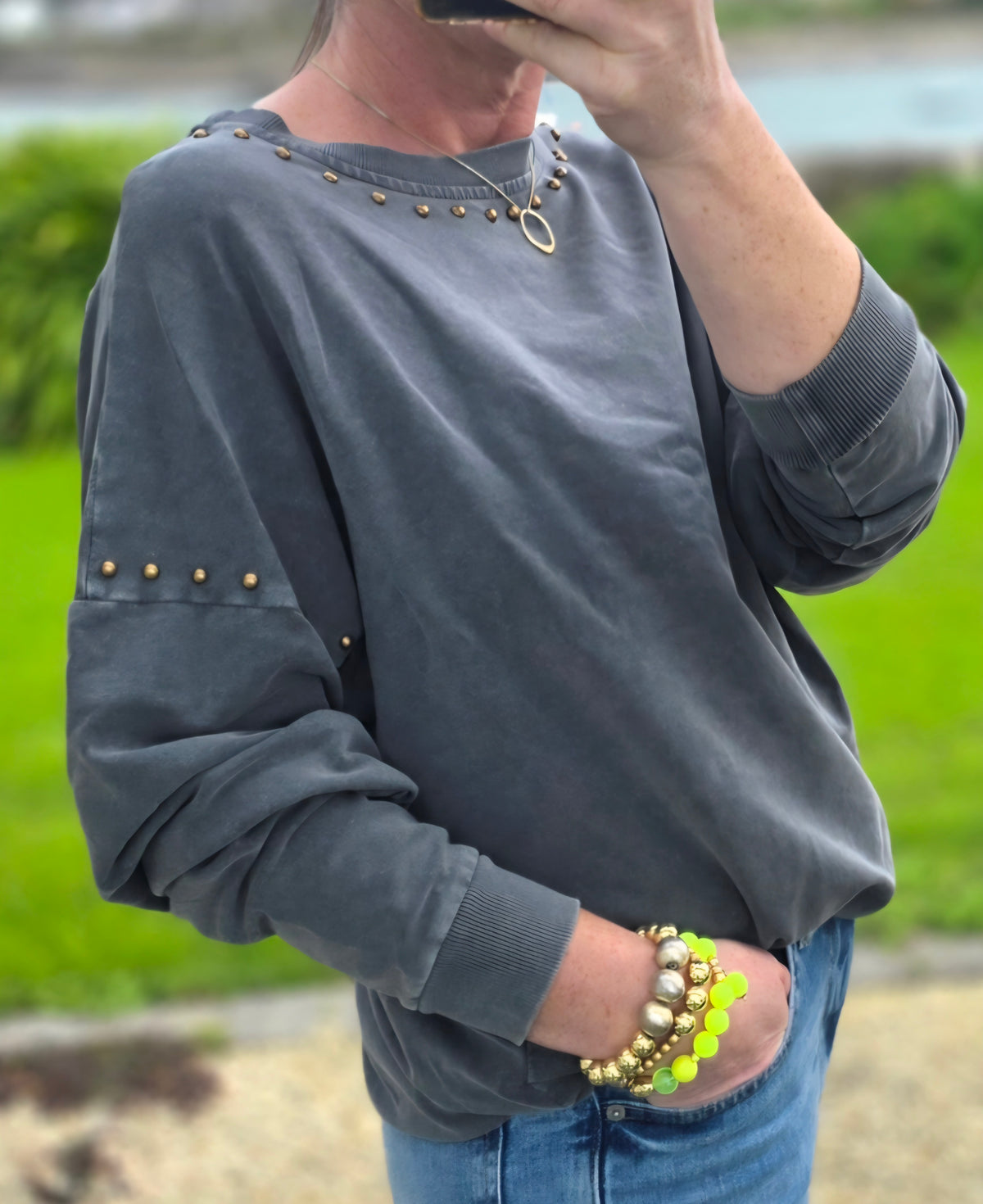 Charcoal Grey Embellished Stud Sweatshirt