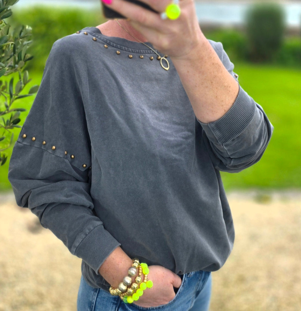 Charcoal Grey Embellished Stud Sweatshirt