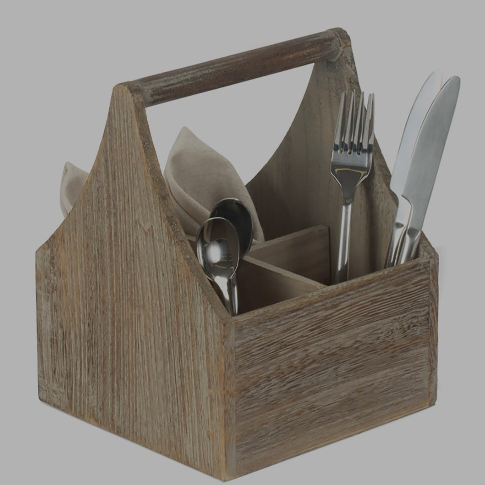 Oak effect wooden, square 4 section cutlery holder