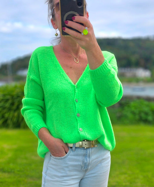 Neon Green Mohair Mix V Neck Womans Cardigan