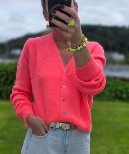 Neon Coral V Neck Alpaca Cardigan