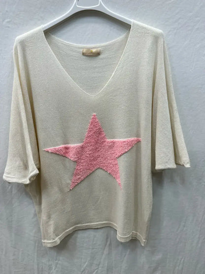 Fine knit top with star embroidery: Ecru/pink