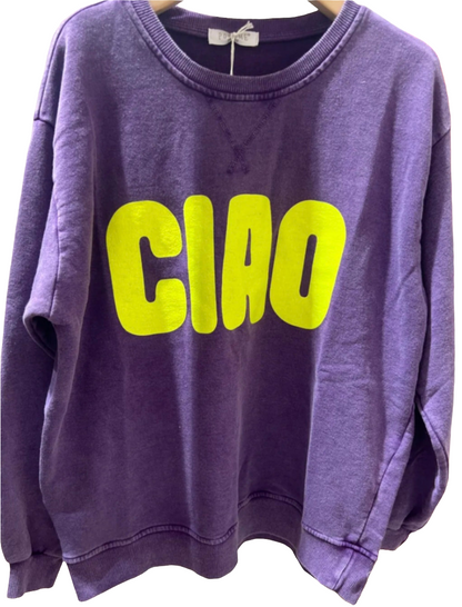 Ladies purple sweatshirt with Neon yellow Ciao.