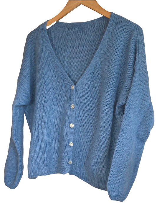 Petrol Blue Mohair Mix Long Sleeve Cardigan. V Neck