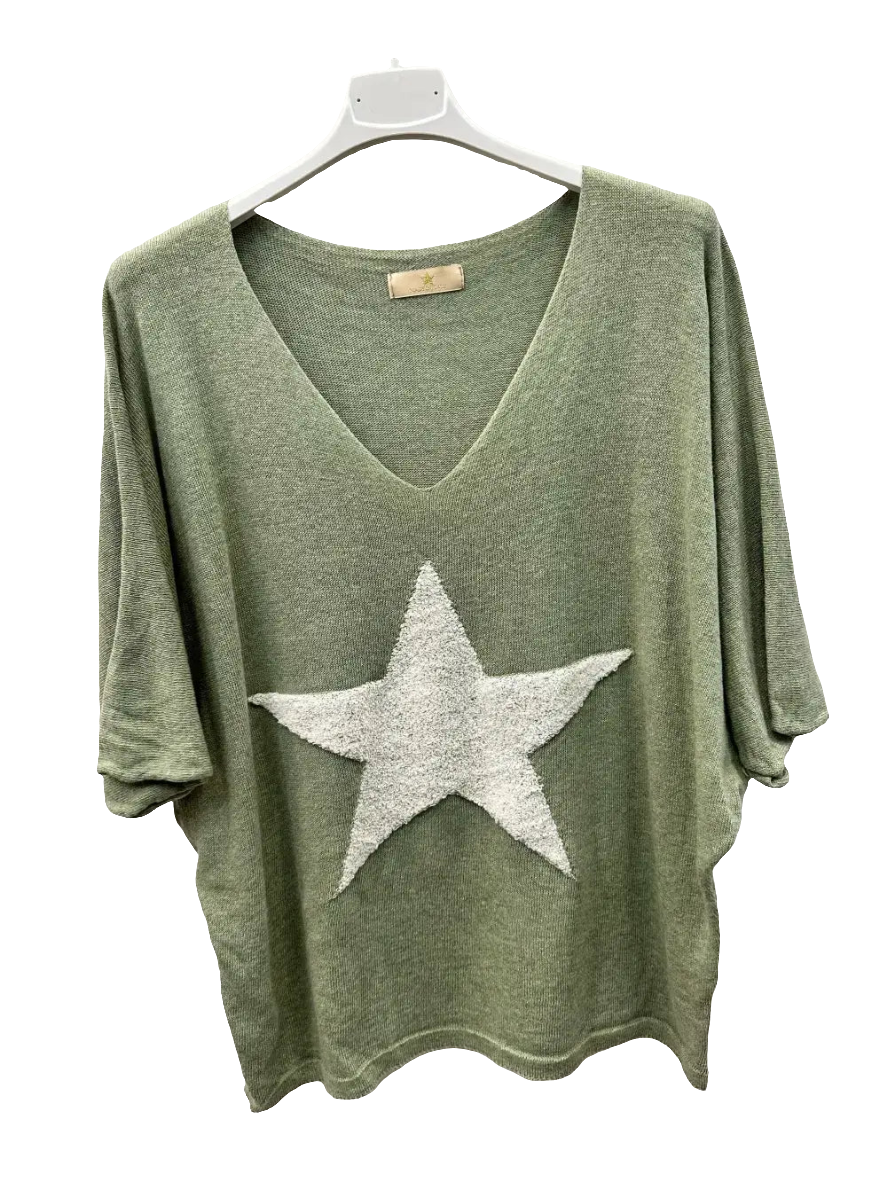 Fine knit top with star embroidery: Olive Green with Ecru Star