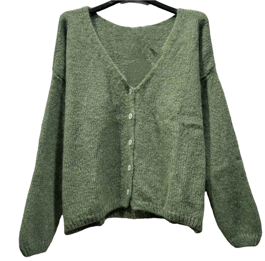 Khaki Green Mohair Mix V Neck Long Sleeve Cardigan