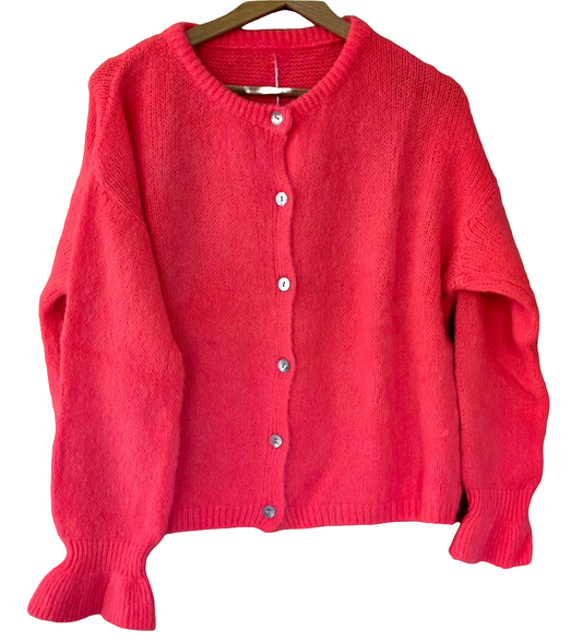 Neon Coral Cardigan in Superfine Alpaga and Wool. Long sleeve.