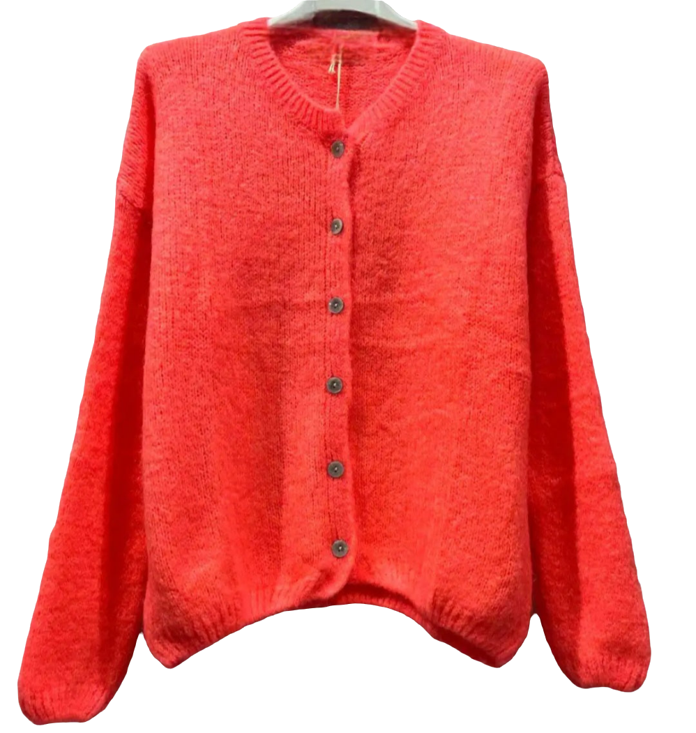 * Pre Sale. Due Oct 6th* Neon Coral, long sleeve, Mohair Mix Cardigan. Round neck