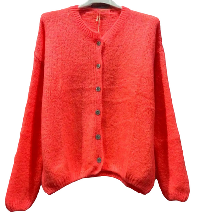 * Pre Sale. Due Oct 6th* Neon Coral, long sleeve, Mohair Mix Cardigan. Round neck