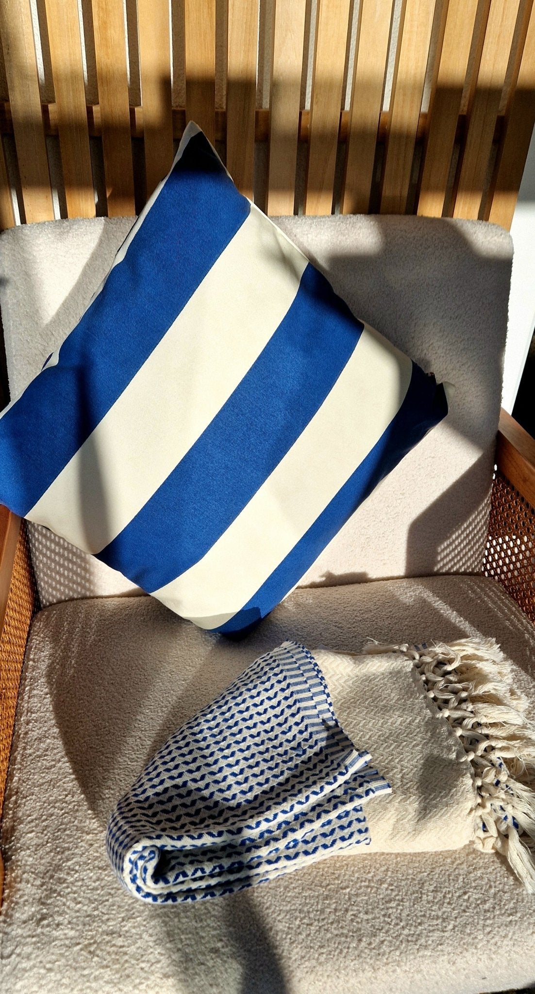 Blue and White Striped Cushion - Cockleshell Crosshaven