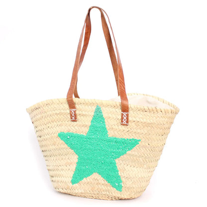 Star Sequins Palm and Leather Bag in Green