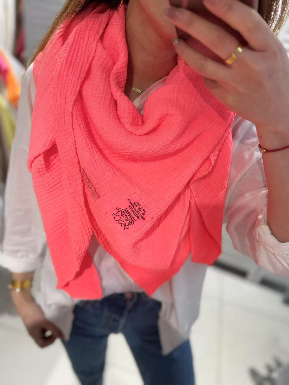 * PRESALE DUE APRIL 24TH* Pure Cotton Neon Coral Scarf. 140 x 140cm