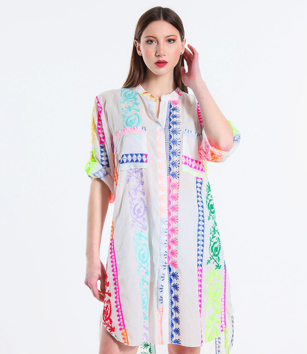 Neon multicolour embroidered blouse/beach cover up