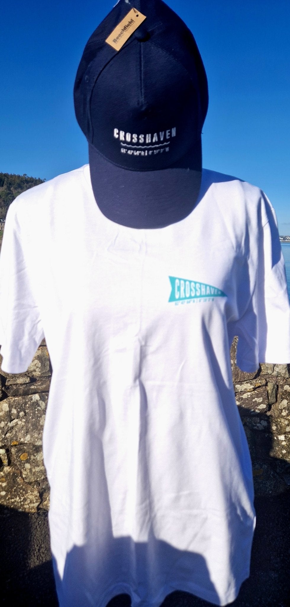 Crosshaven t shirt adults. White with Aqua Writing. Unisex Fit - Cockleshell Crosshaven
