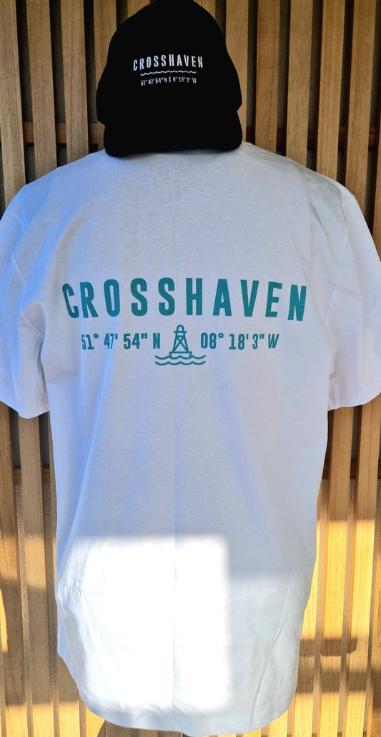 Crosshaven t shirt adults. White with Aqua Writing. Unisex Fit - Cockleshell Crosshaven