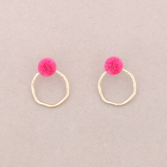 Metal Ring Resin Bead Earrings: Fuchsia