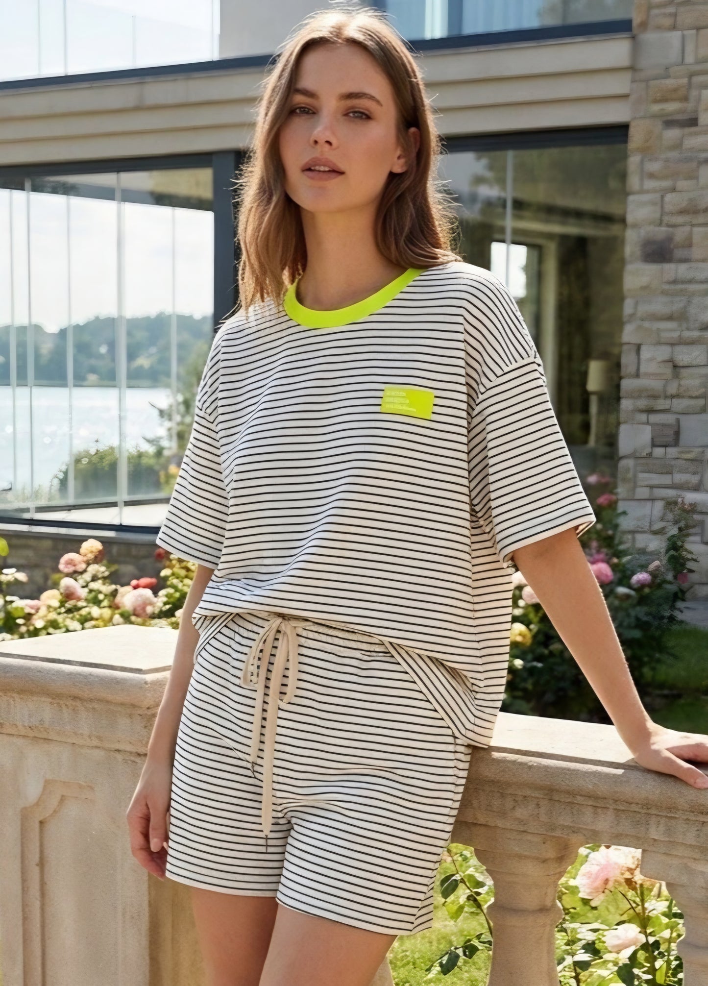 Neon Yellow Accent Fine Stripe Textured knit Set in Khaki & Cream stripe.